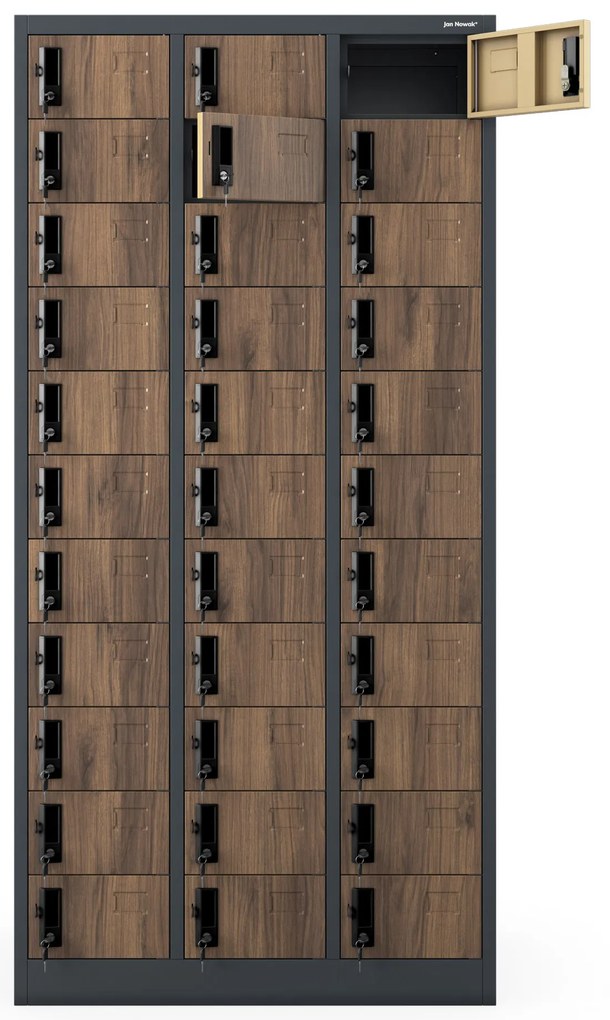 33 rekeszes irattároló szekrény, antracit/dió, 900x1850x450 mm: OLIVER Eco Design