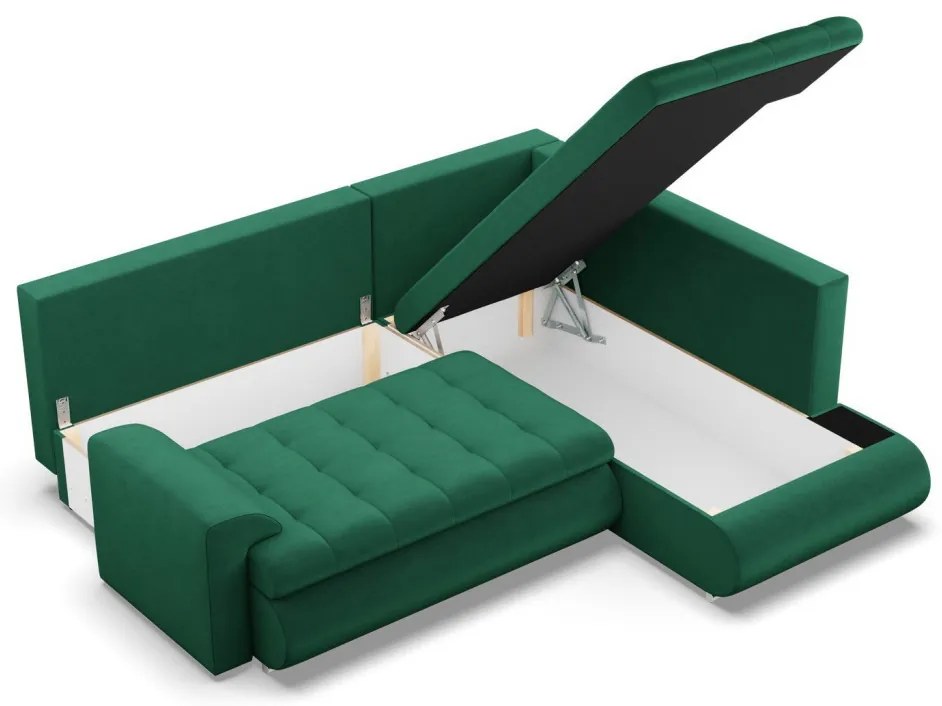 Tokio sarokkanapé, L alakú háttámlával, 2 ágyneműtartóval, bársony, jobboldali, zöld
