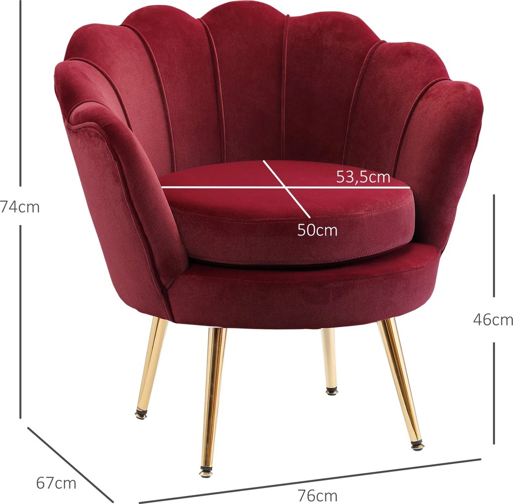 HOMCOM Bársonyos Klubfotó Arany Fém Lábakkal, 76 x 67 x 74 cm, Bordó | Aosom