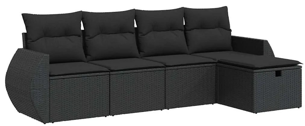 5 részes fekete polyrattan kerti kanapészett párnákkal