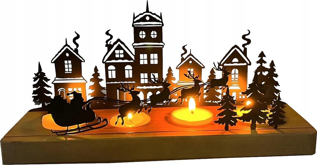 Karácsonyi gyertyatartó tálca, rénszarvas alakú gyertyatartók és karácsonyfa