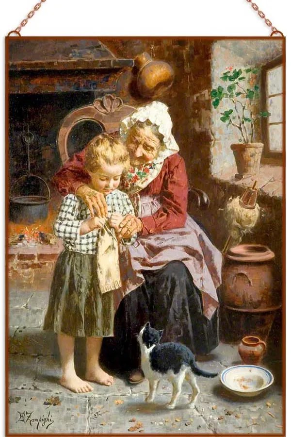 Eugenio Zampighi - Her First Lesson üvegkép, falikép