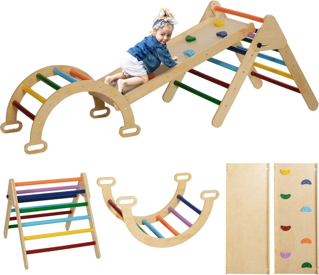 AIYAPLAY Összecsukható 5 az 1-ben Fa Mászó Háromszög 18-48 hónapos gyermekeknek, Mászóíves Rámpával csúszásra vagy mászásra, 178x64,5 cm, Többszínű |