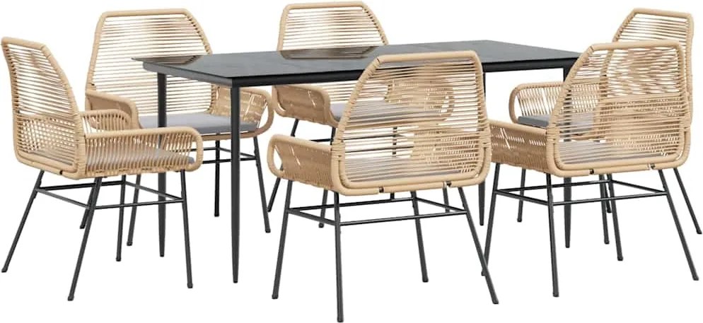 vidaXL 7 észes barna polyrattan üveg kerti étkezőgarnitúra párnával