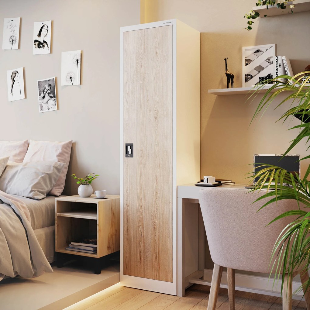 Fém irodai iratszekrény, fehér/sonoma tölgy, 450x1850x400 mm: ALEX Eco Design