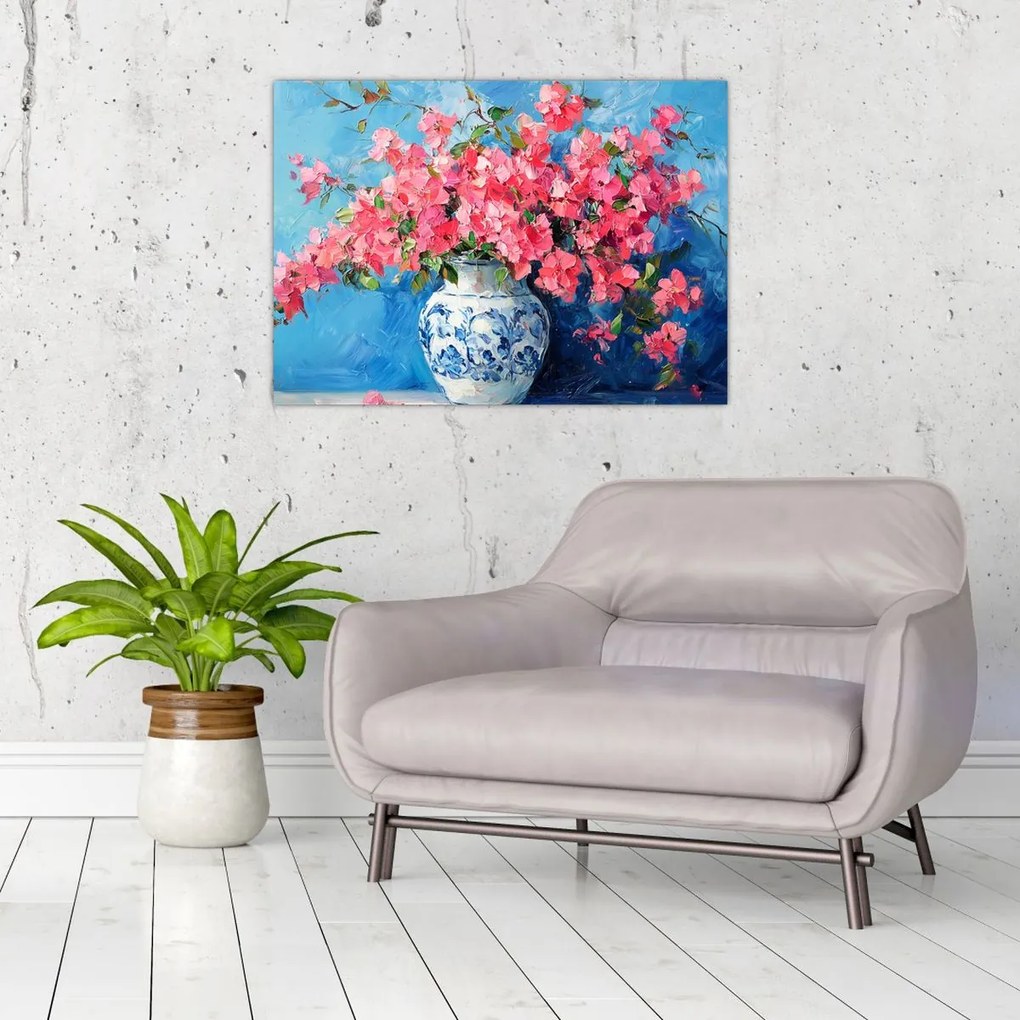 Üveg kép - Váza rózsaszín virágokkal (70x50 cm)