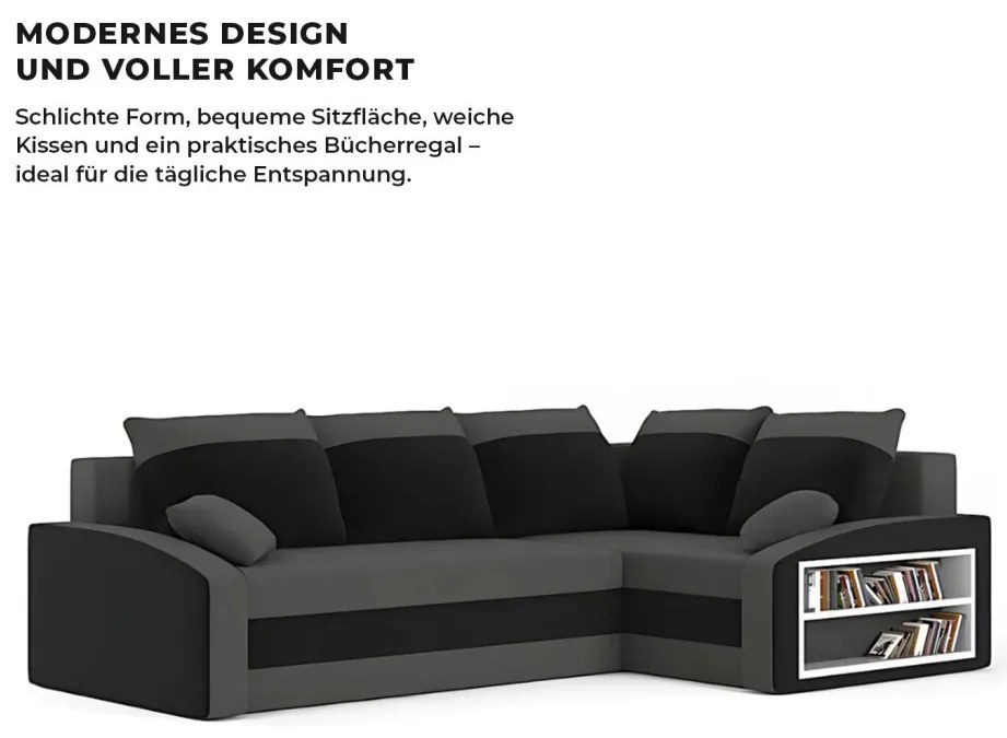 Grande sarokkanapé polcokkal , polc a jobb karfaban, jobboldali, szövet anyag, bonell töltet, szürke - fekete