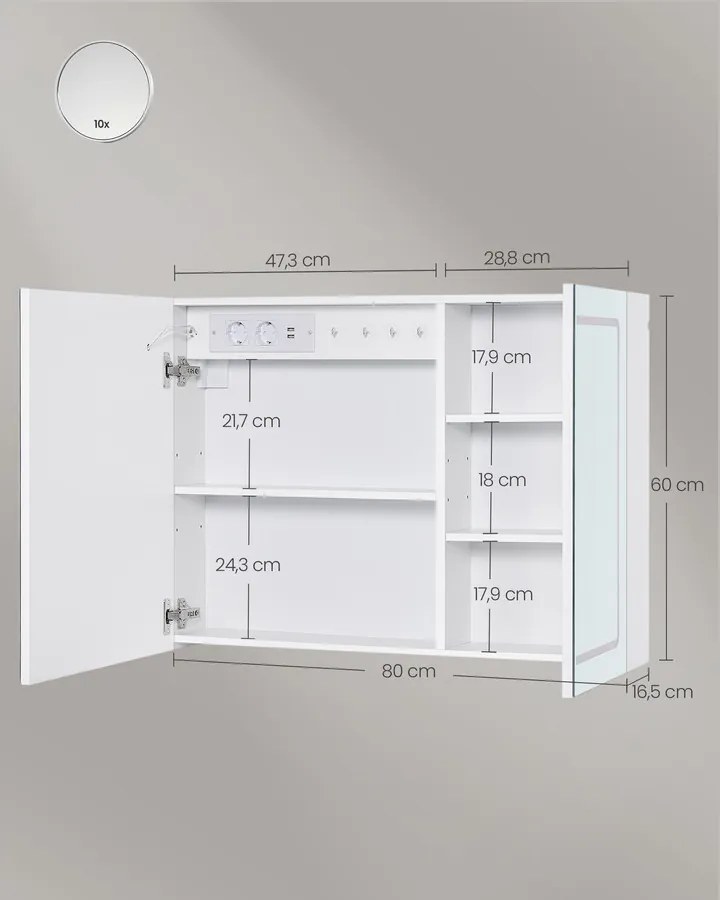Fürdőszobai faliszekrény tükörrel és LED világítással, 16.5 x 80 x 60 cm, fehér
