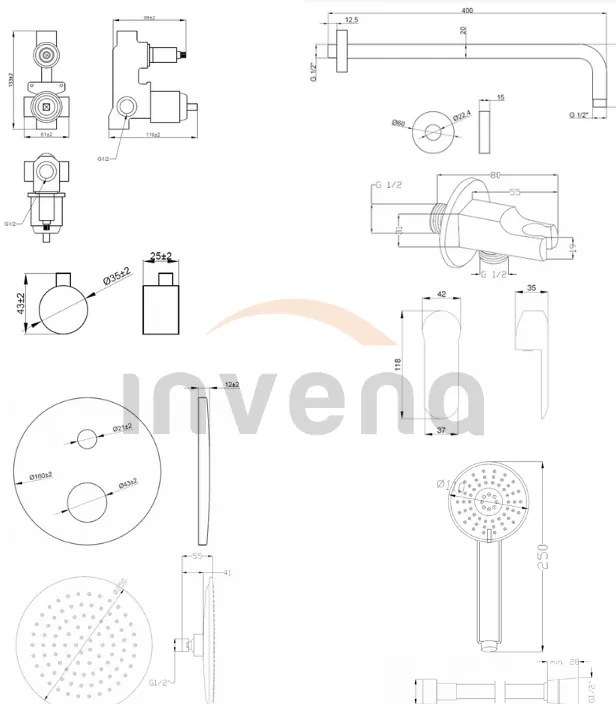 Invena Siros, rejtett zuhanygarnitúra 2 kivezetéses testtel, fekete matt, INV-BS-90-013-A