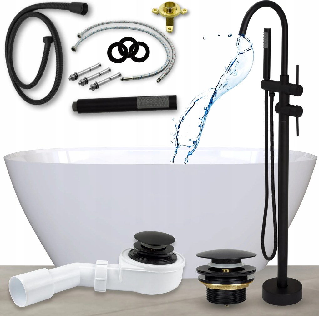 Kád 165 Szabadonálló Kád Csaptelep Szifon Klikk Klakk Fekete 10in1 Szett