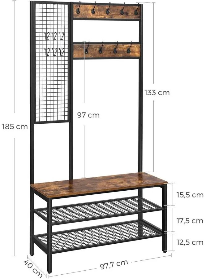 Kabáttartó, Kabátállvány rácsfallal és cipőpaddal 97,7x185x40 cm, rusztikus barna és fekete