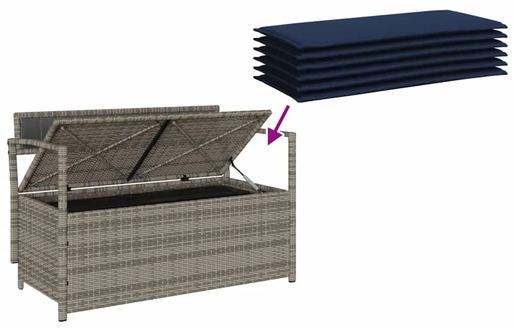 szürke polyrattan kerti tárolópad párnával