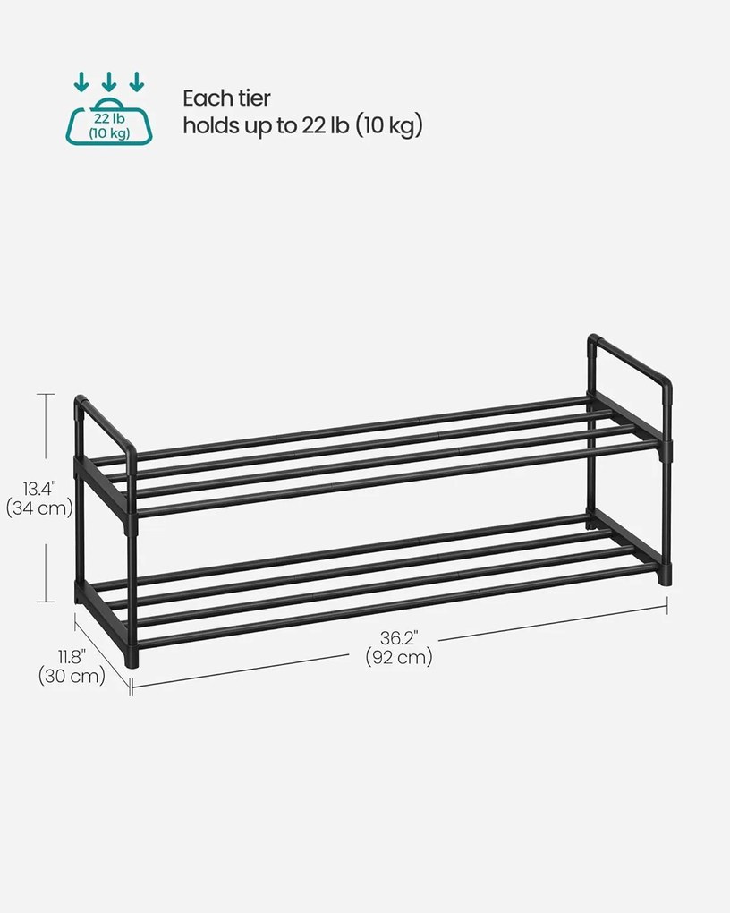 2 szintes cipőtartó állvány, fém tárolópolc, 8–10 pár cipőhöz, 30 x 92 x 34 cm, fekete