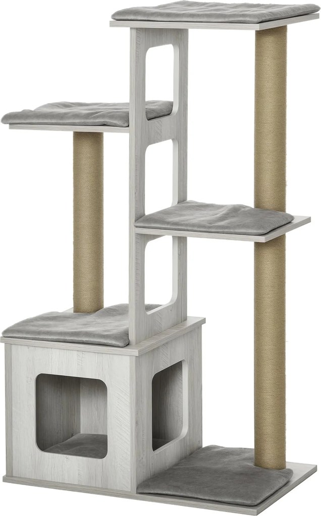 PawHut Többszintű Karcolófás Cat Tree Házikóval és Juta Kötéllel, 67x38.5x114 cm, Szürke | Aosom