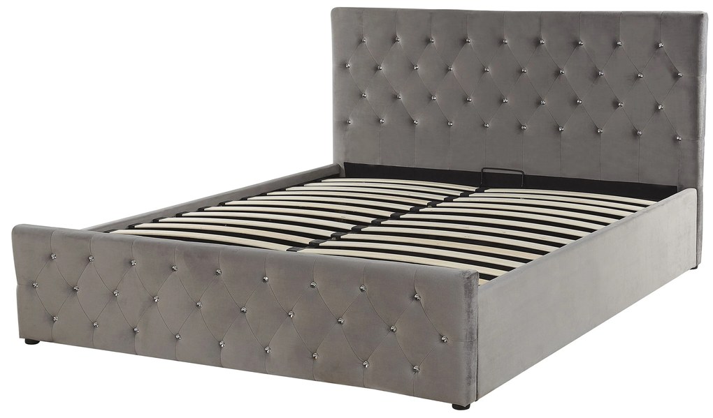 Szürke bársony ágyneműtartós franciaágy 140 x 200 cm AMIENS Beliani