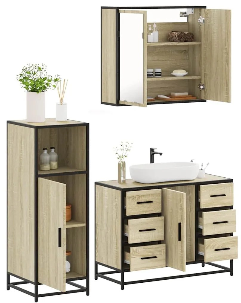 3 részes sonoma tölgyszínű szerelt fa fürdőszobai bútorszett