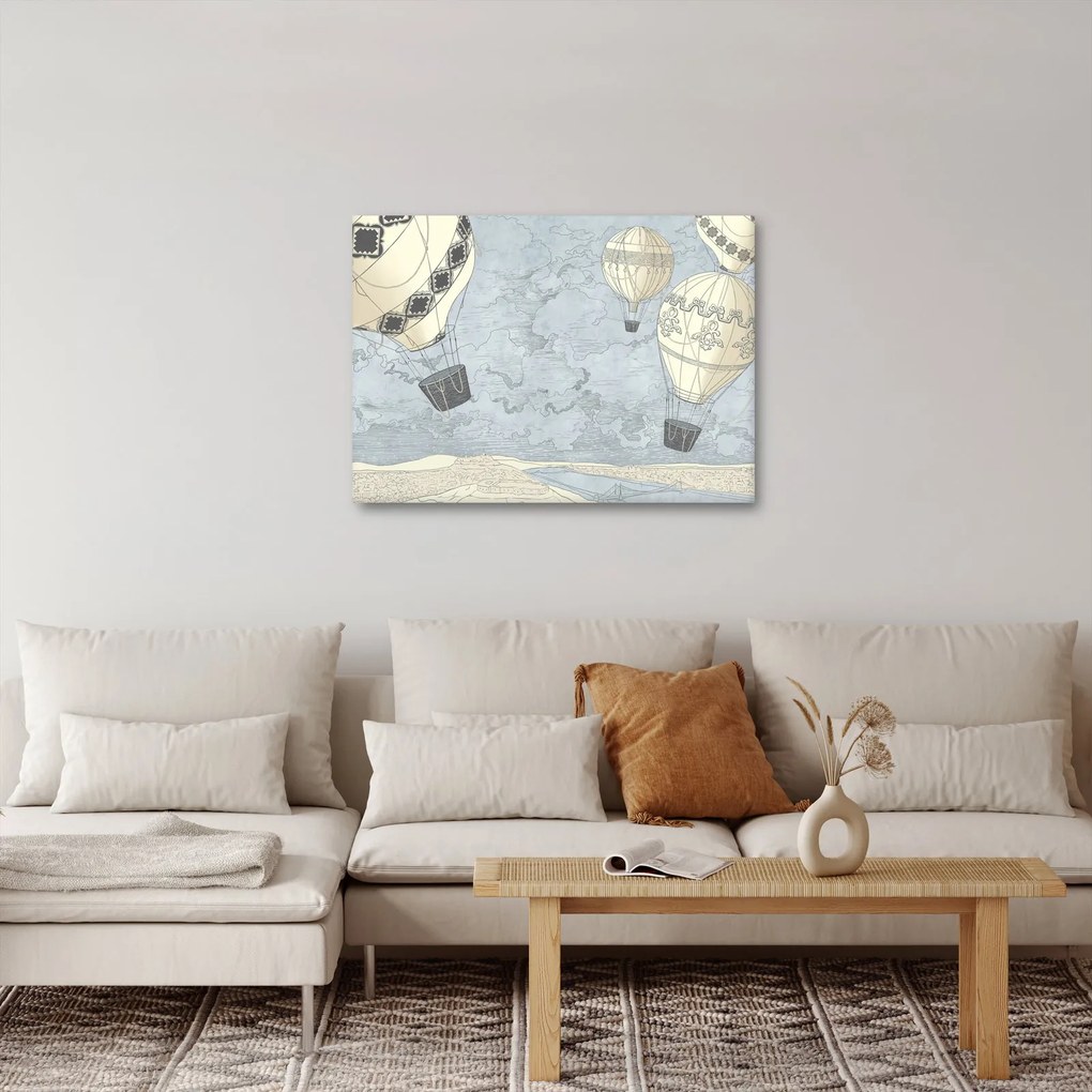 Kép - léggömbök a város felett, hűvös tónusok (70x50 cm)