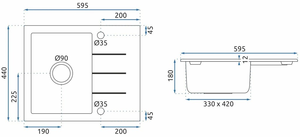 Rea North, mosogató 1 kamrás 595x485x180 mm kézi szifonnal, fekete metál, ZLE-00126