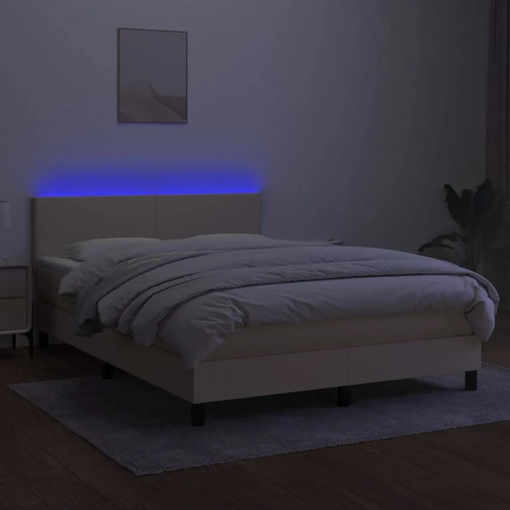 krémszínű szövet rugós és LED-es ágy matraccal 140x200 cm
