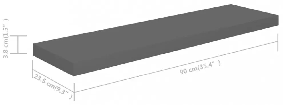 2 db magasfényű szürke MDF lebegő fali polc 90 x 23,5 x 3,8 cm