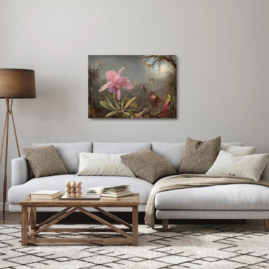 Üveg kép - Martin Johnson Heade, Cattleya Orchid and Three Hummingbirds, reprodukciók (70x50 cm)