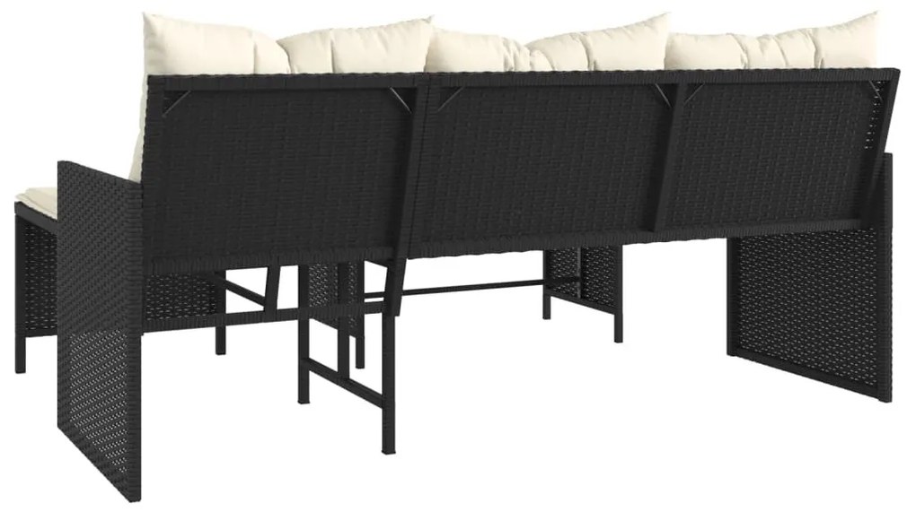 vidaXL L-alakú fekete polyrattan kerti kanapé asztallal és párnával