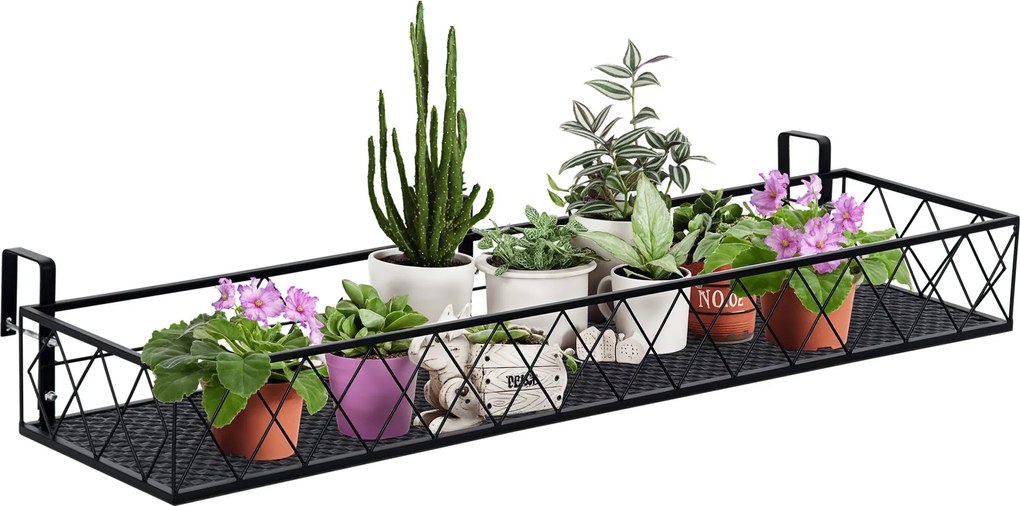 Outsunny Kültéri Virágtartó Rámpa Akasztókkal, Fém Erkély- és Teraszvirág Tartó, Terhelhetőség 20kg-ig, 100x31x12cm, Fekete | Aosom