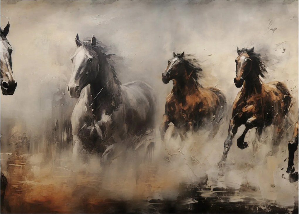 Üveg kép - Olajfestmény lovakról (70x50 cm)