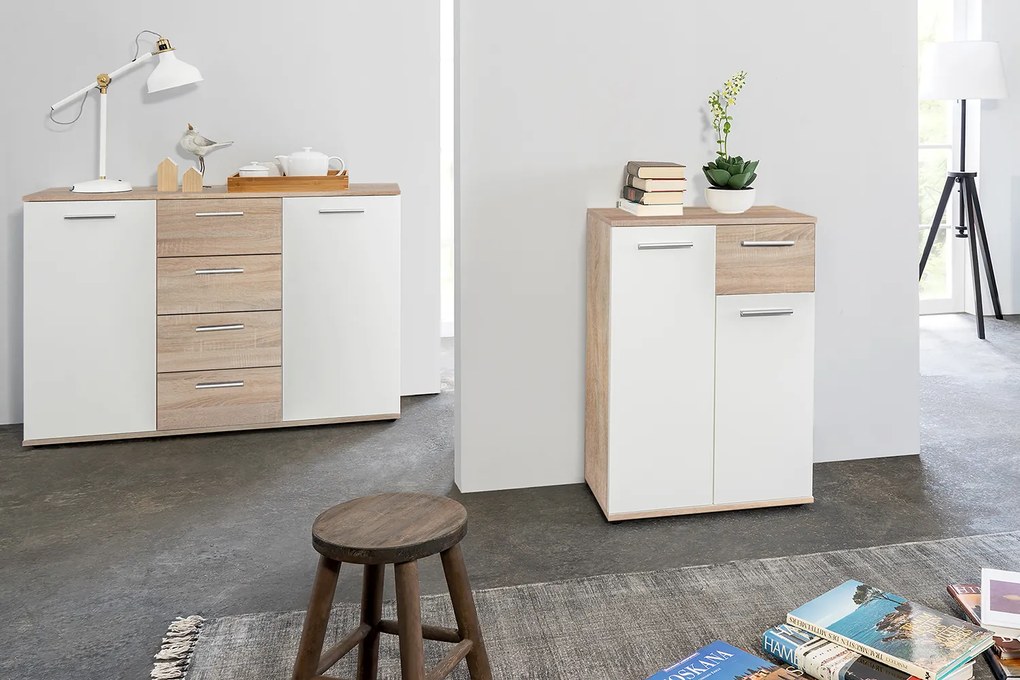 Komód JACKY 3 tölgy / fehér - 
            fehér
            tölgyfa
          , 
            Laminált és mások
          , 
            85
          x
            35
          x
            160
          cm