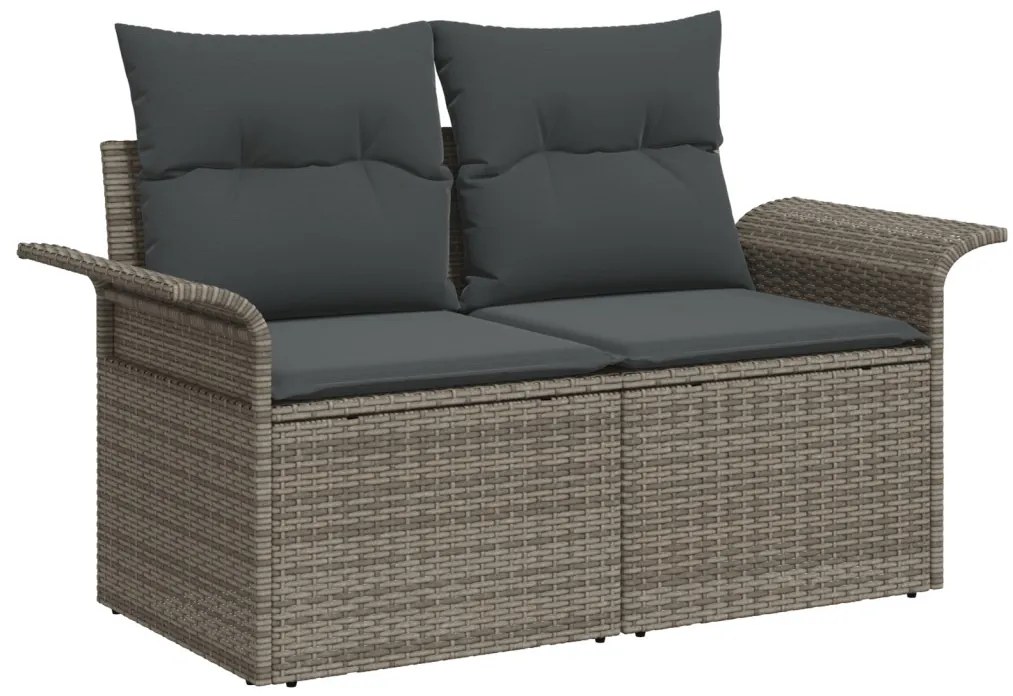 8 darabos Kert Kanapé Szett Párnákkal Szürke Poli Rattan Acacia, 2-Fős Kert Kanapé Párnákkal Szürke Poli Rattan, 3 darabos Kert Étkező Szett Párnákkal Szürke Poli Rattan Acacia