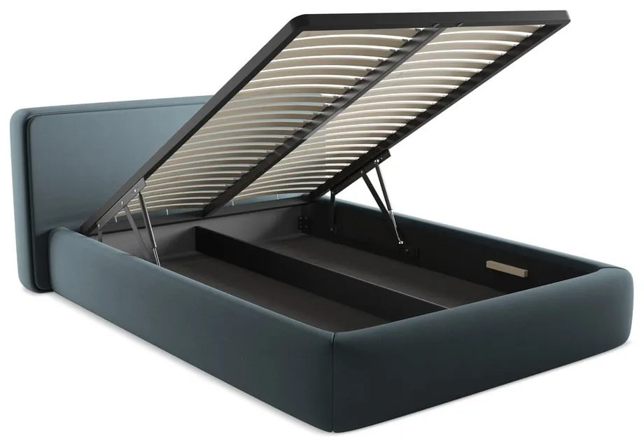 Kék kárpitozott ágyneműtartós franciaágy ágyráccsal 140x200 cm Kiana – Makamii