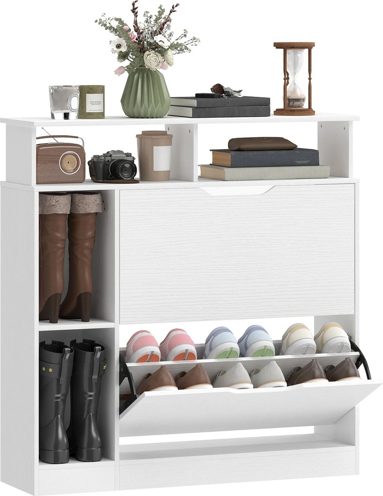 HOMCOM Narrow Shoe Cabinet with 2 Flip Drawers, Open Compartments & Adjustable Shelf, for Hallway & Entry, 35 x 9.8 x 36.2 in, White | Aosom