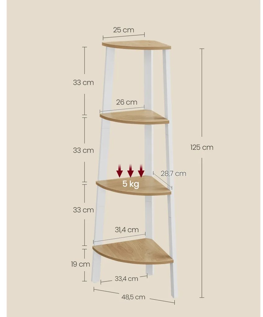 Sarok könyvespolc, 4 szintes, tölgy és fehér 33x33x124cm