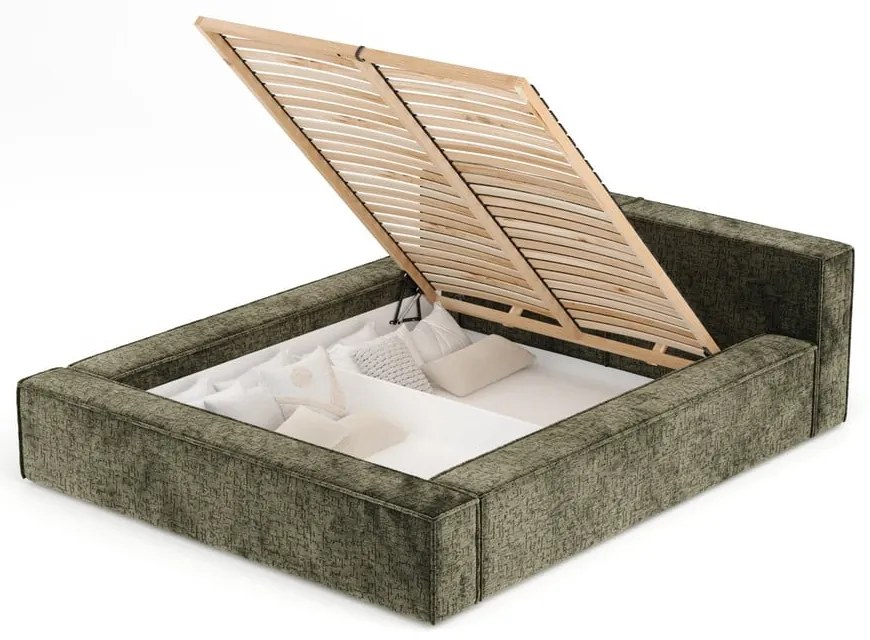 Sötétzöld kárpitozott ágyneműtartós franciaágy ágyráccsal 200x200 cm Voliera – Maison de Rêve