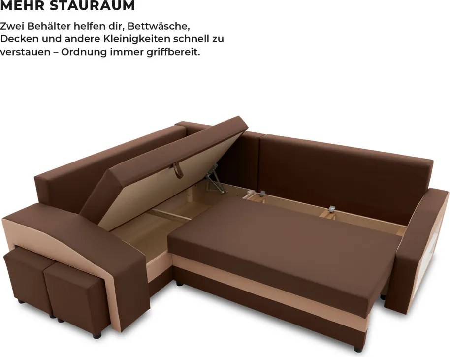 Grande sarokkanapé polcokkal és puffokkal , polc a jobb karfaban puffok a bal karfaban, baloldali, szövet anyag, hab töltet, barna