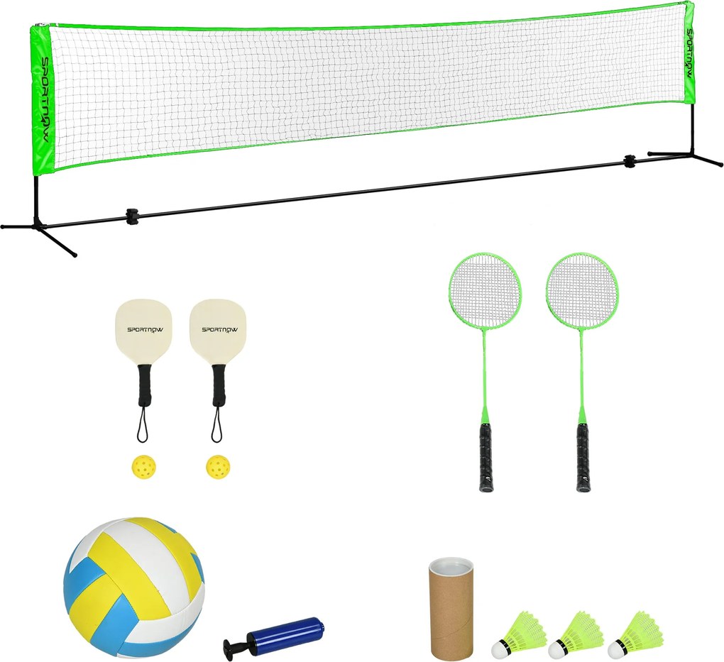 SPORTNOW Tollaslabda Szett, Tollaslabda Háló Állvánnyal, Röplabdák, 4 Racket, Magasságban Állítható Röplabdaháló, Hordtáskában, Beltéri és Kültéri Has