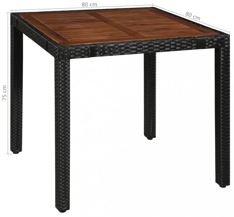 5 darabos fekete kültéri polyrattan és akácfa étkezőszett
