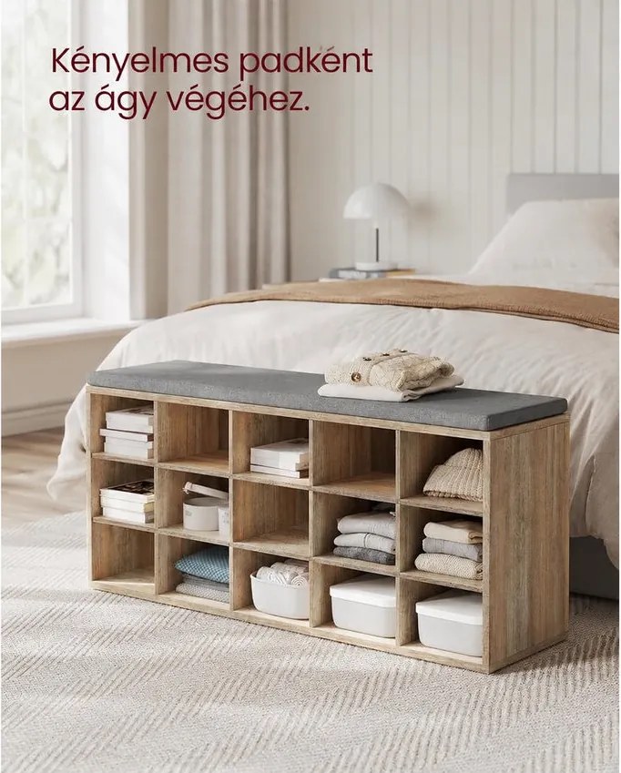 Cipőtartó pad, cipőpolc ülőfelülettel, 30×105×48 cm, türkizbarna–szürke