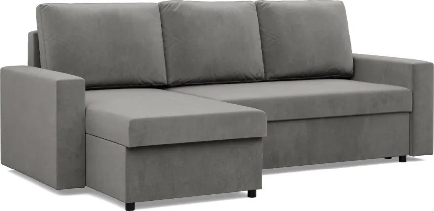 Zeus sarokkanapé, 2 ágyneműtartóval, egyenes kartámasz, bársony, univerzális oldal, hab töltet, világosszürke