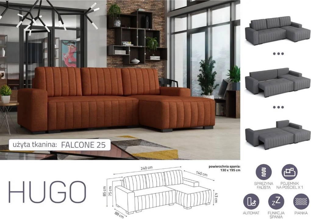 HUGO ággyá alakítható, ágyneműtartós, hullámrugós sarok kanapé, jobbos, Falcone 25