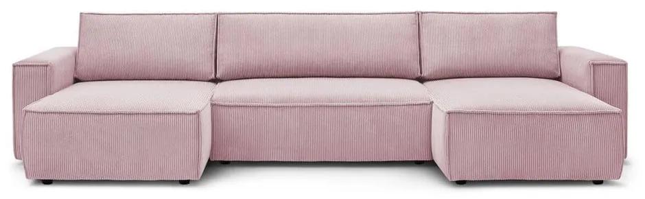 Nihad Panoramique világos rózsaszín kordbársony kinyitható U alakú kanapé - Bobochic Paris