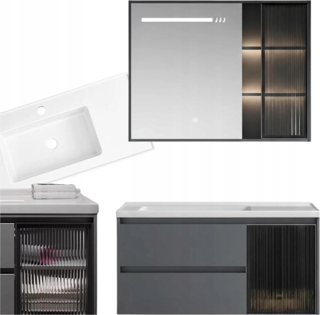 Függő fürdőszoba szekrény szett Mosdó tükör Led polccal Szürke Loft