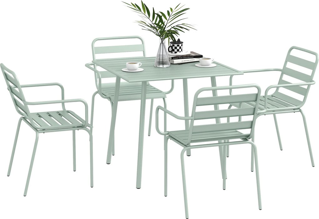 Outsunny 5 darabos kültéri étkező szett, kertibútor szett 1 étkezőasztallal, 4 rakásolható székkel, teraszi ülésszett, erkélyre, teraszra, acél, zöld