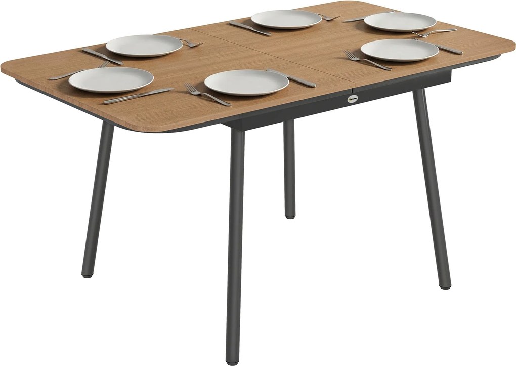 Outsunny 6 személyes kerti étkezőasztal 140 x 80 cm – Időjárásálló WPC teak hatású asztallap, rozsdavédelemmel ellátott porfestett fémváz, állítható t