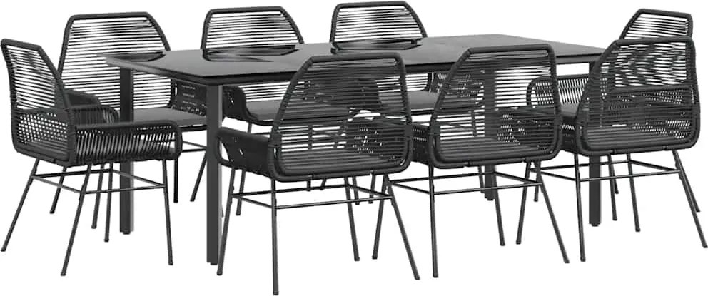 vidaXL 9 részes fekete polyrattan üveg kerti étkezőgarnitúra párnákkal