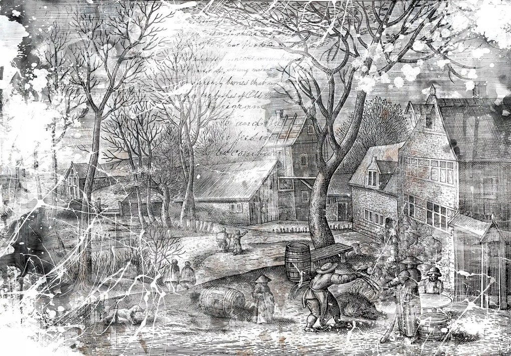 Fotótapéta rajz vázlat város falu Vintage flizelin Ragasztó 254 x 184