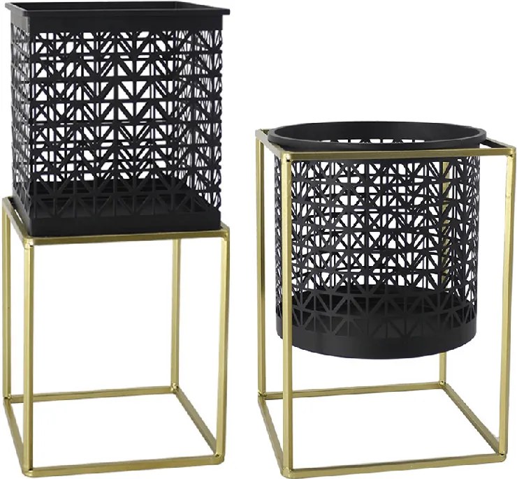2 darabos virágtartó állvány szett, szögletes/kerek, fekete/arany, ESME SET