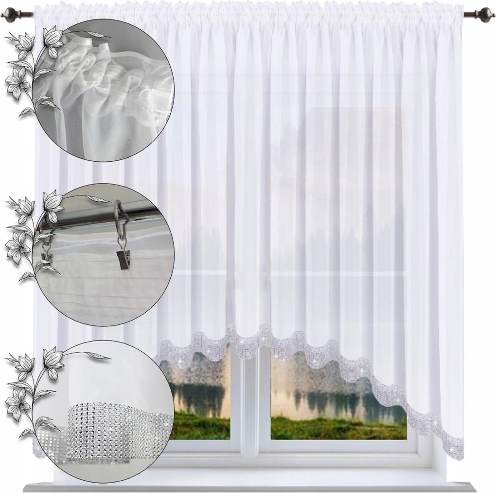 Kész függöny cirkóniákkal, Íves kivitel, 160x400 cm, sima függöny cirkónia flitterekkel