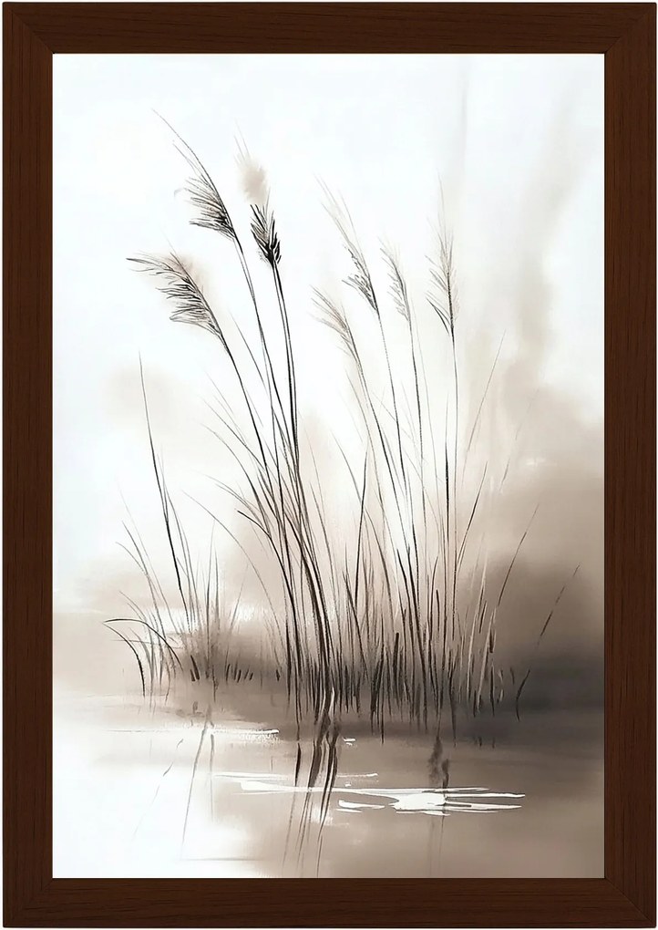 Poszter Keret Fa Akvarell Tó Növények Fű Köd Szépia 40x60