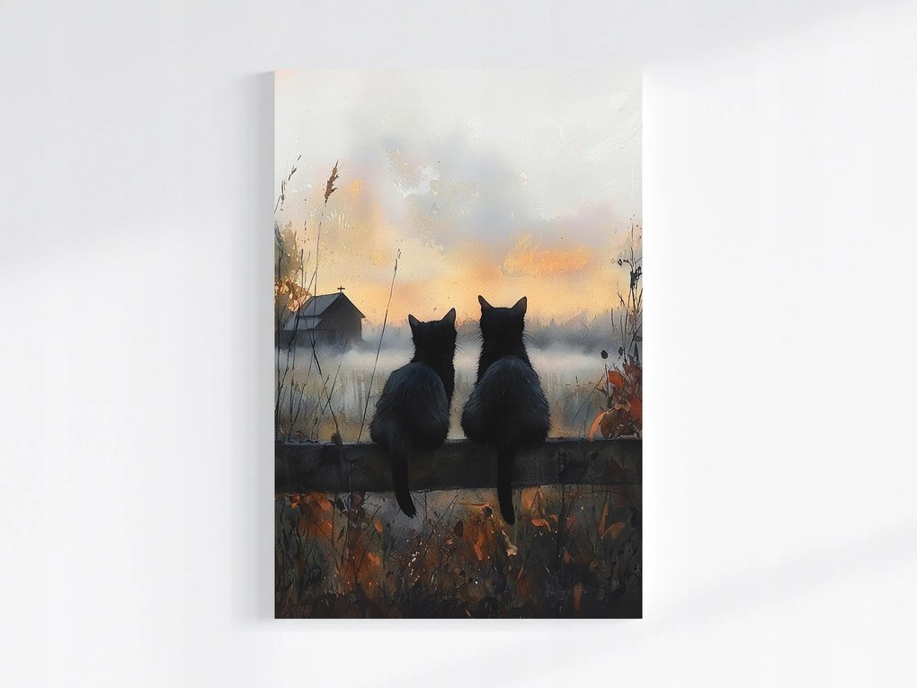 Vászonkép Canvas Őszi Falu Rét Köd Fekete Macskák Barátság 80x120